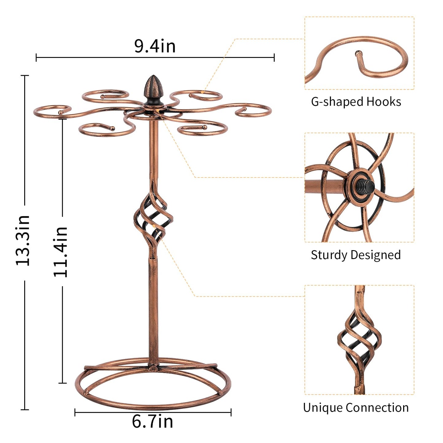 QPIX DIGITAL Wine Glass Rack, Bronze, Elegant Countertop Stemware Storage with 6 Hooks, Easy Assembly, Durable, 11"W x 11"L x 6"H