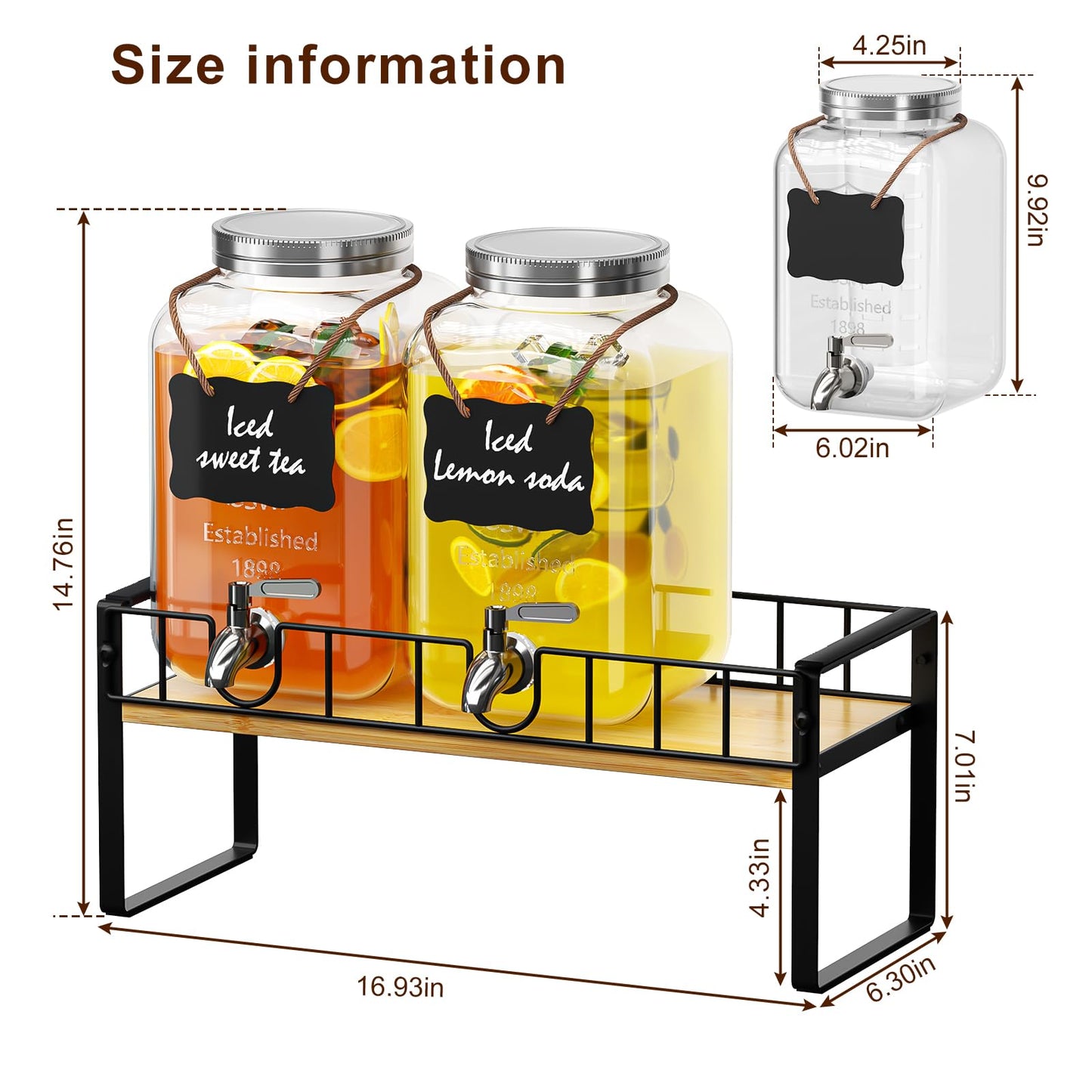 Zuyachuza 2-pack 1 Gallon Drink Dispenser,Glass Beverage Dispenser with Spigot,Lemonade dispenser Bamboo Stand for Outside, Glass Drink Dispensers for Parties with Ice Core
