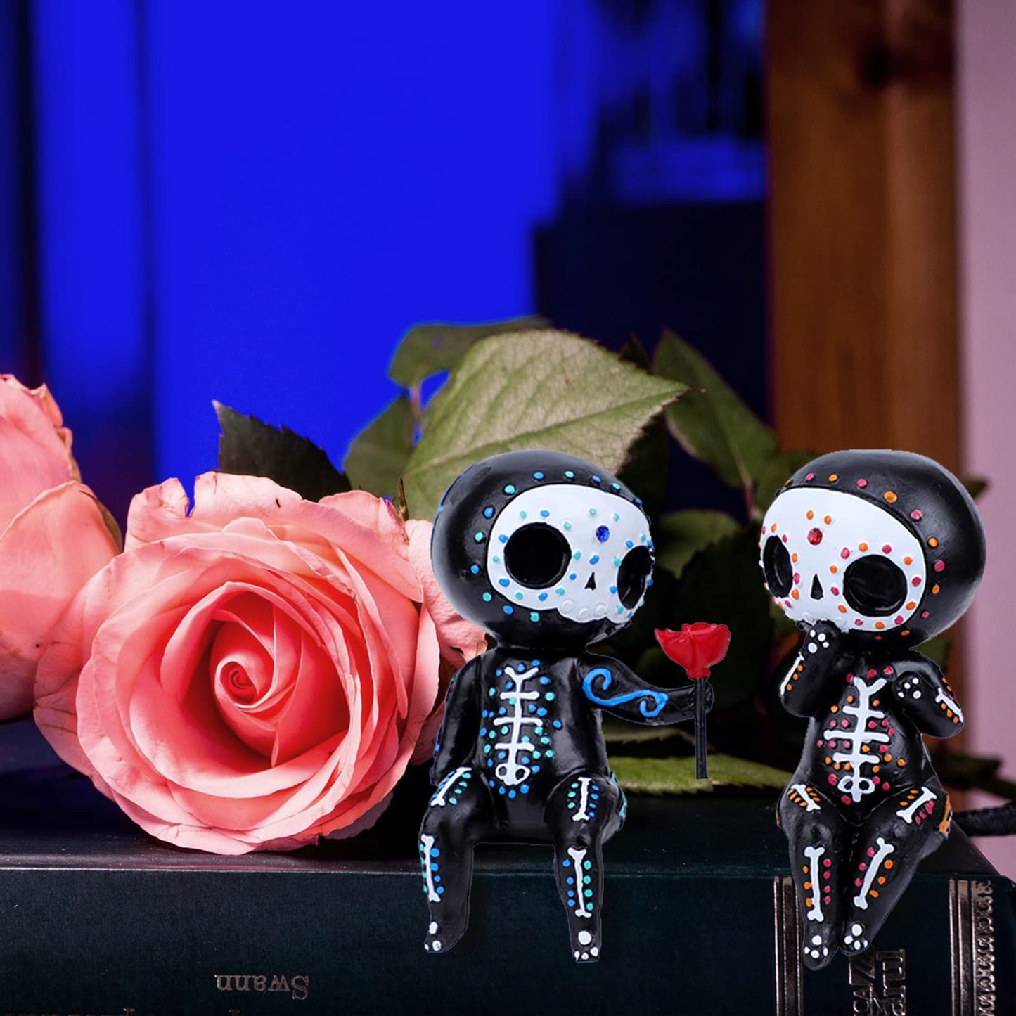 YOWOY Sugar Skull Couple Statue, Sugar Skull Figurine,Resin Crafts Sugar Skull Decor,Skull Head Skeleton Figurine Statue Display Hand Crafts,Home Decor Collectible Figurines (Couple)