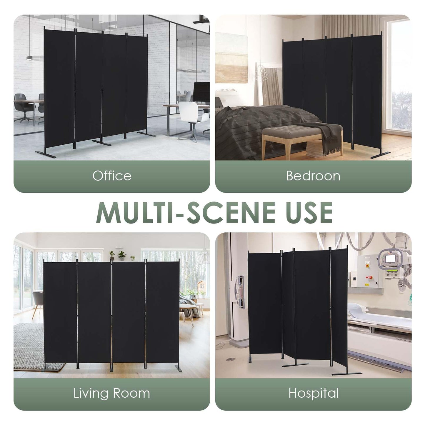 RANTILA 4 Panel Room Divider, 6 FT Folding Privacy Screen with Wide Feet, Freestanding Partition for Room Separation, Portable Room Divider Panel, 89" W x 71" H, Black