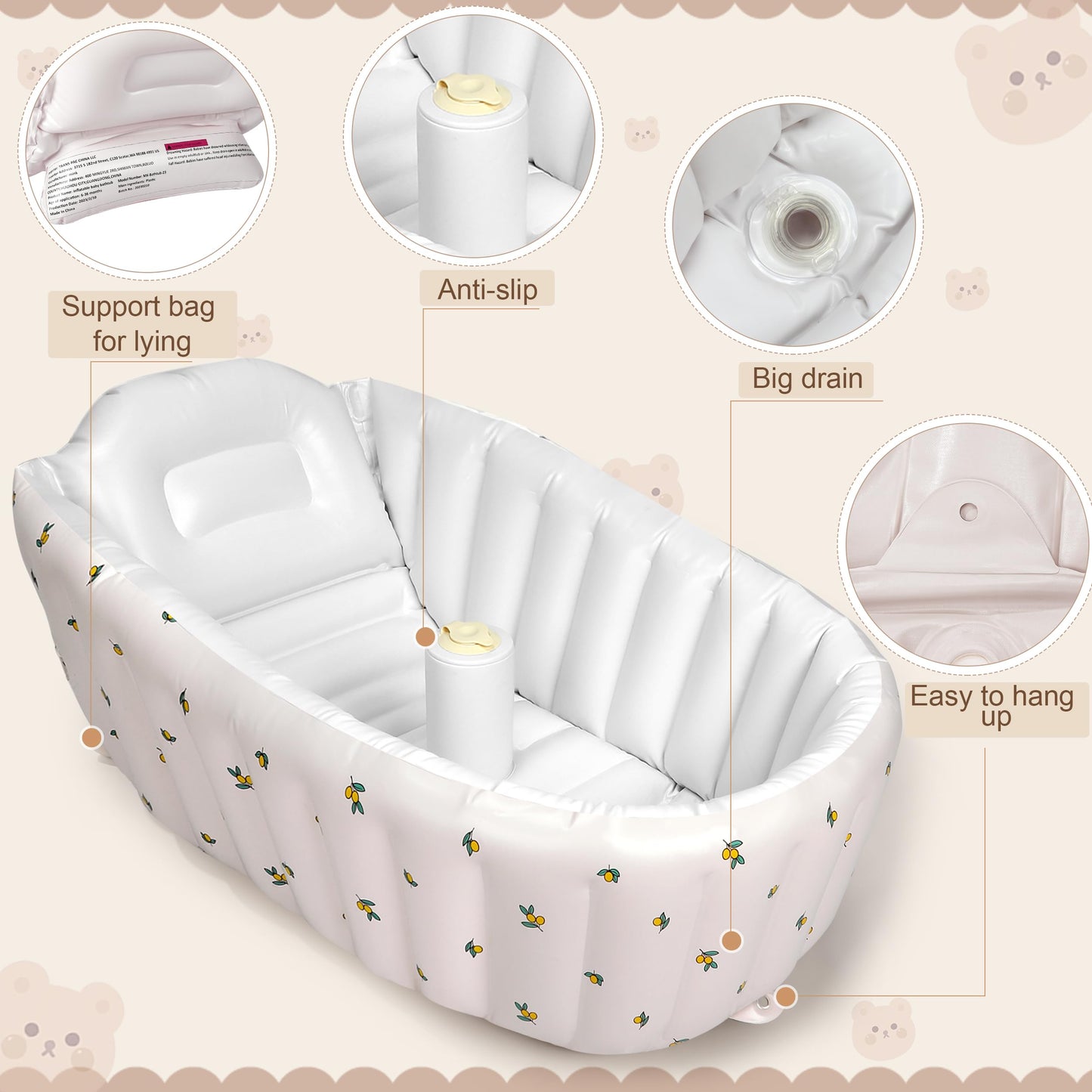 Mink Inflatable Baby Bathtub with Built-in Air Pump, Newborn to Toddler Bath Tub,Portable Travel Shower Basin with Back Support, Deflates and Folds Easily (Olive Bath)