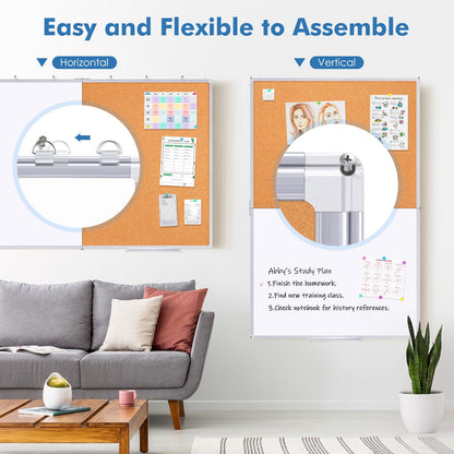 Magnetic White Board and Cork Board Combo, 48 X 36 inches Whiteboard Bulletin Combination Board, Wall Mounted Dry Erase Message Board for Home, School and Office