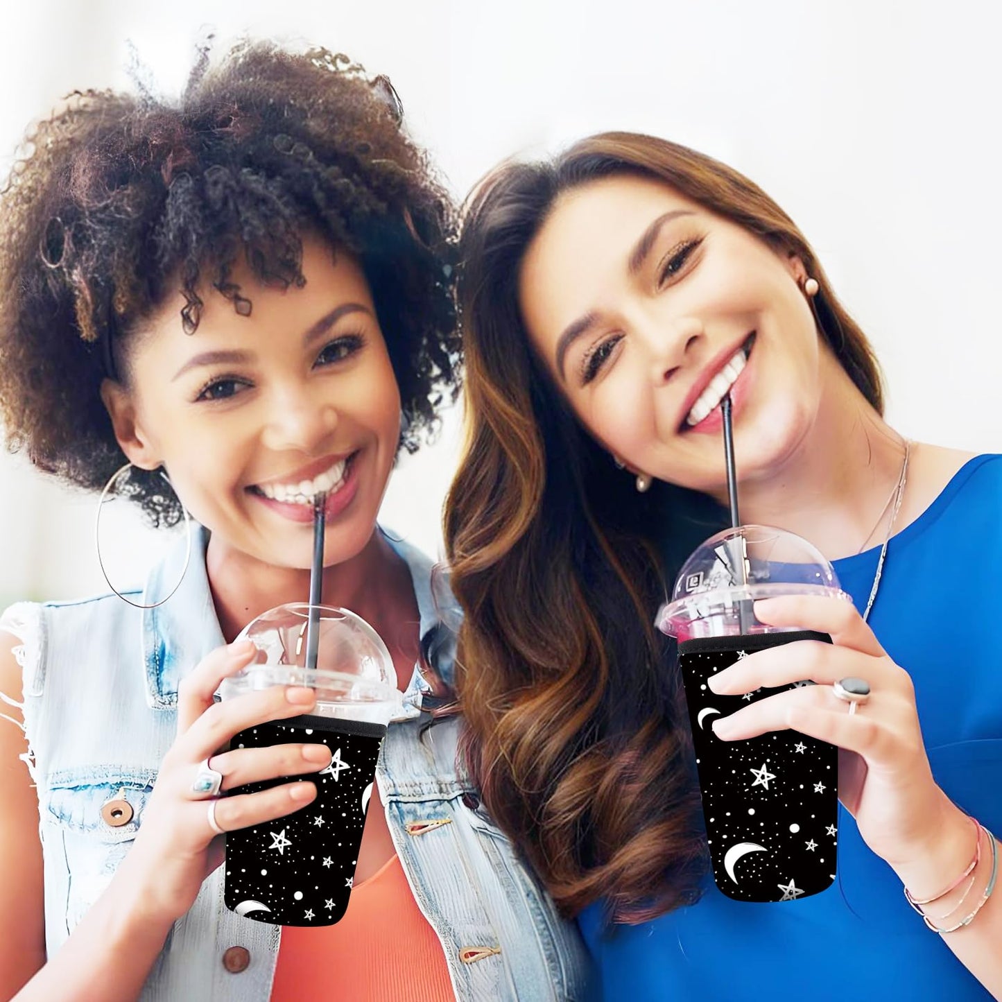 AUEKLLW 3 Pack Reusable Neoprene Insulator Sleeve for Iced Coffee Cups, Funny Coffee Cup Sleeves for 16-32oz Coffee cups, Cute Drink Sleeve for Cold Hot Beverages Cute Moon Star