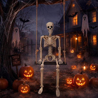 Sintuff Halloween Swinging Skeleton on Swing, Outdoor Swinging Ghost Decor, 35.4" Hanging Skeleton with 13.8" Wooden Seat for Yard, Porch, Tree, Spooky Halloween Decorations