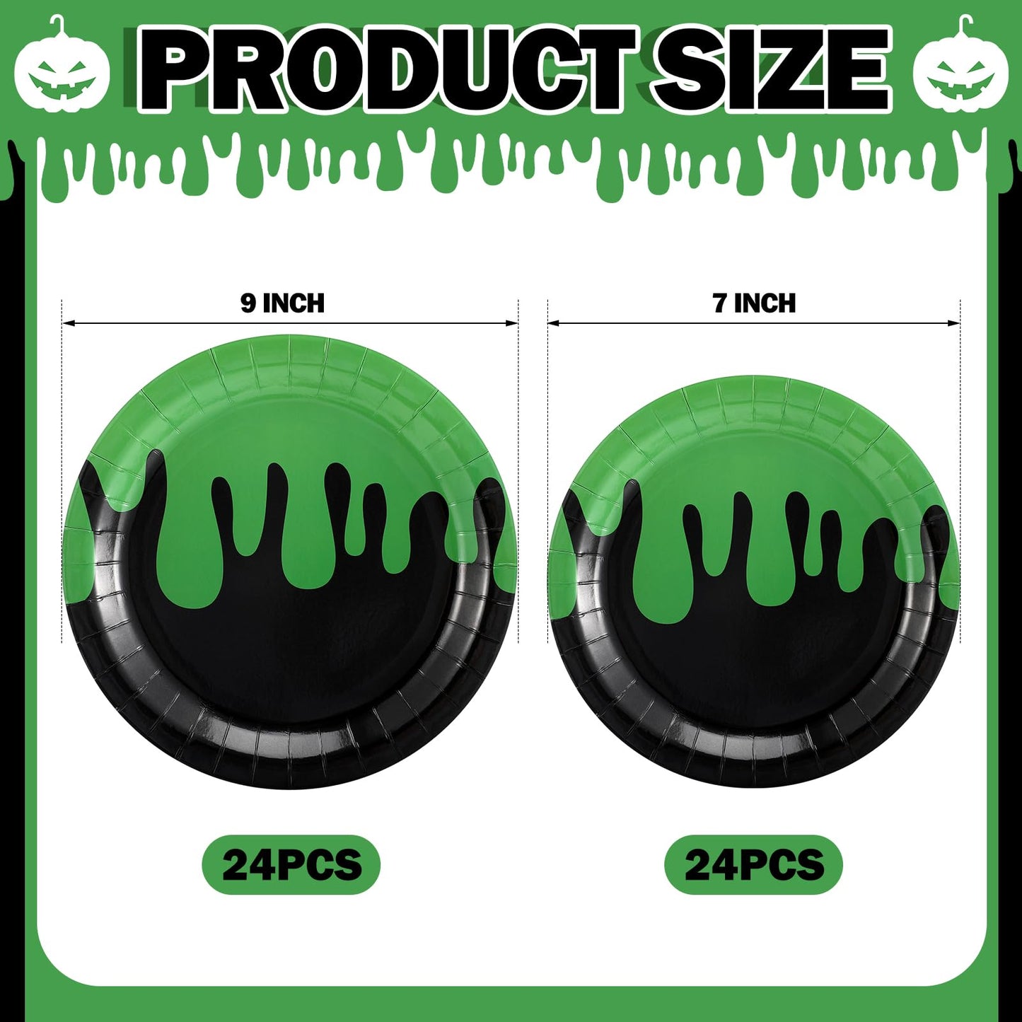 Newtay 48 Pcs Halloween Ghost Party Paper Plates Green and Black Disposable Dessert Plates Set for Kids Boys Girls Birthday Themed Party Supplies Halloween Decorations, 7 Inches and 9 Inches