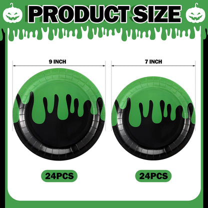 Newtay 48 Pcs Halloween Ghost Party Paper Plates Green and Black Disposable Dessert Plates Set for Kids Boys Girls Birthday Themed Party Supplies Halloween Decorations, 7 Inches and 9 Inches