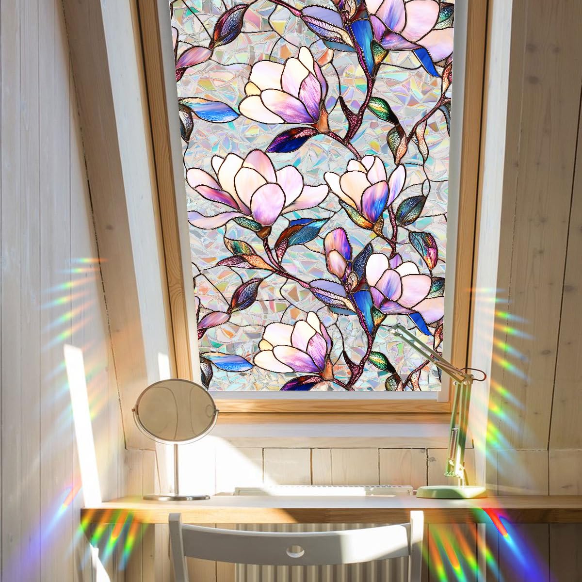Flower Stained Glass Window Film Decorative Static Cling Stickers Sun Blocking Rainbow Privacy Decals for Home Car Purple Magnolia