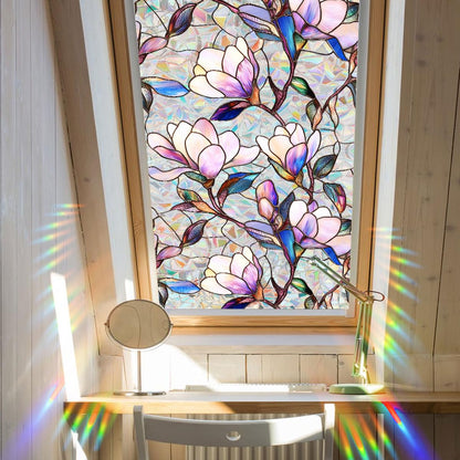 Flower Stained Glass Window Film Decorative Static Cling Stickers Sun Blocking Rainbow Privacy Decals for Home Car Purple Magnolia