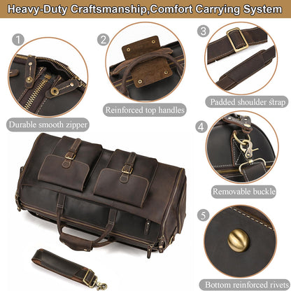 Yevabo Full Grain Genuine Leather Garment Bag for Men 2 in 1 Convertible Suit Travel Duffel Weekender Overnight Bag with Shoe Compartment Business Carry On Luggage, Dark Brown