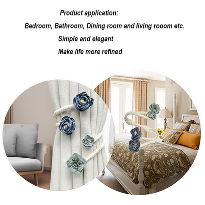 Flower Curtain Tie Backs, Flexible Curtain Holdbacks Clips Cute Twist Bough Handmade Curtain Tieback Decorative Rope for Besdroom Window Treatment (2, Rose Flower Blue)