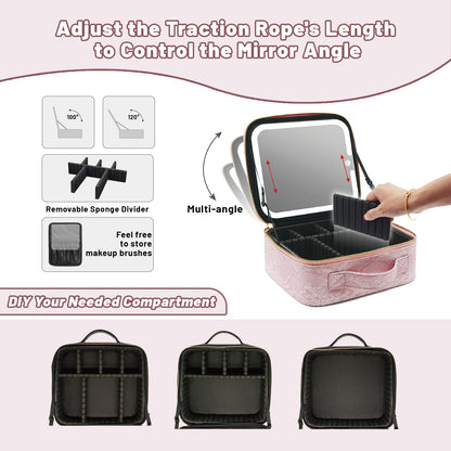 PRALENA Travel Makeup Bag with LED Mirror – 3 Brightness Modes, Portable Lighted Makeup Case with Adjustable Dividers, Cosmetic Organizer Gift for Women (Pink)
