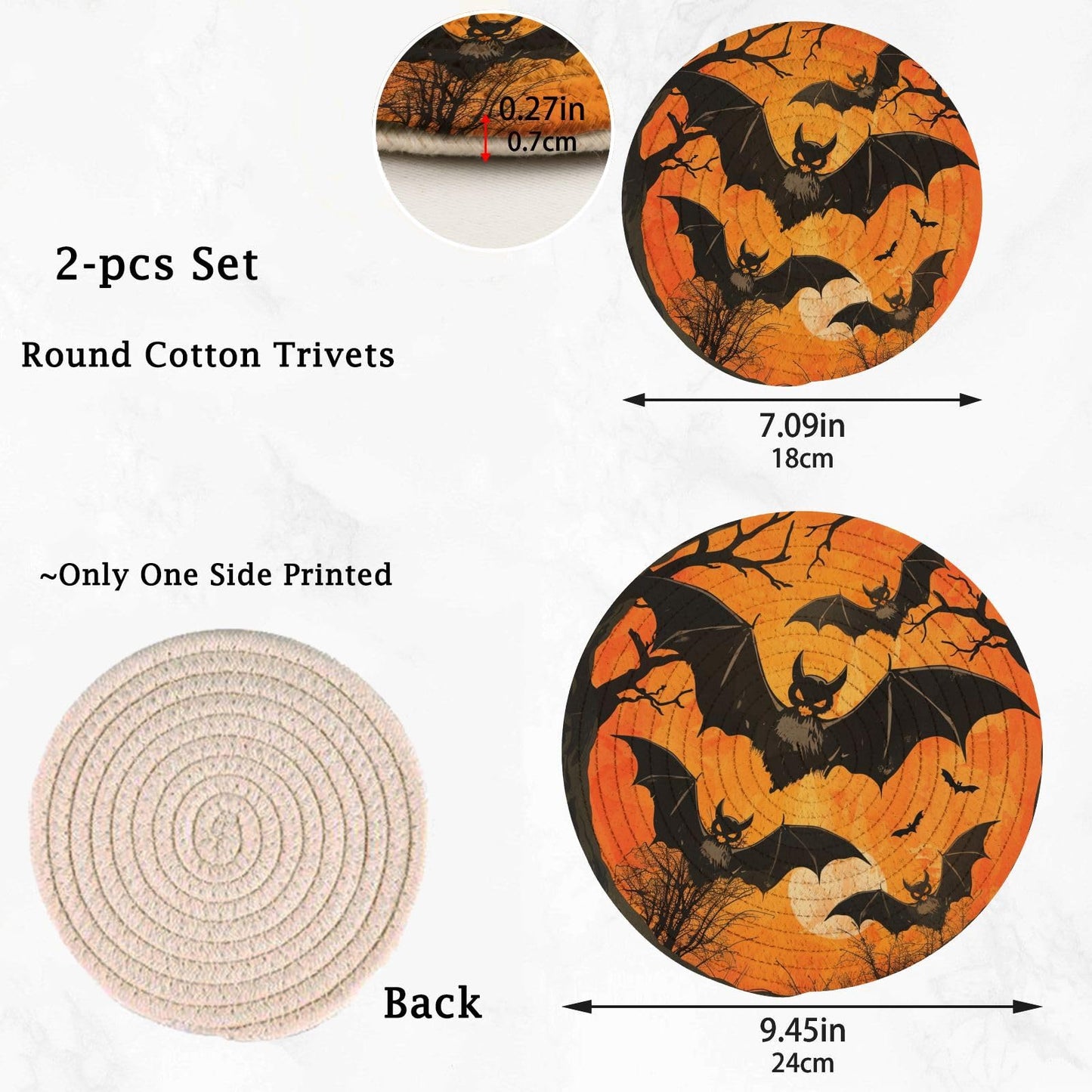 Woven Kitchen Potholders Trivets Set of 2, Halloween Bats Tree Moon Cotton Round Hot Pot Coasters Placemats for Cooking Baking Dish Pan Pot Bowl Teapot(7&9 Inches Diameter)