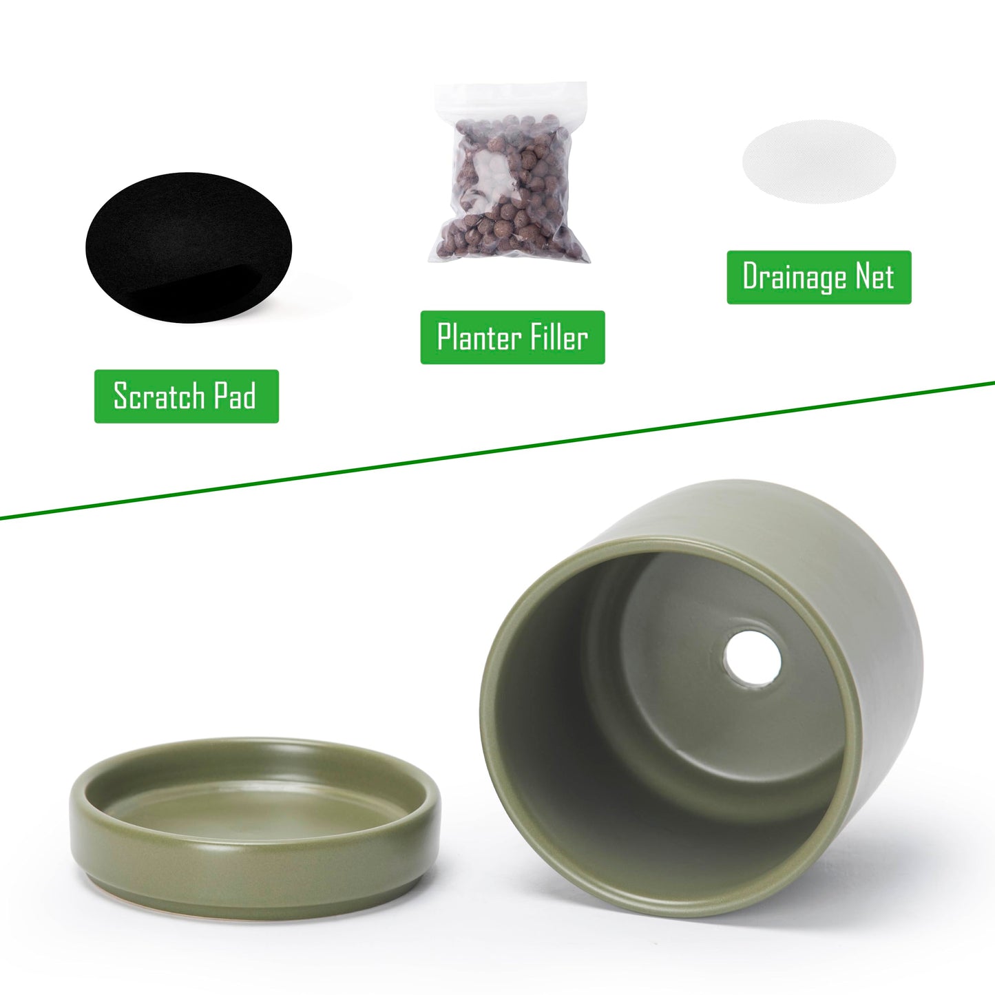 D'vine Dev Set of 2 Plants Pots, 4.7 Inch Ceramic Planter Pot for Plants with Drainage Hole and Saucer, Olive, 94-V-B-J