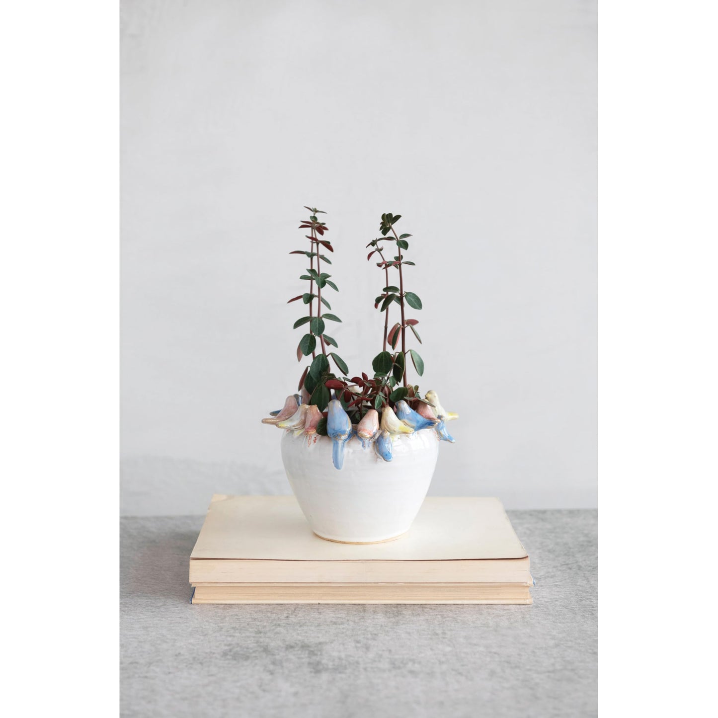 Creative Co-Op Stoneware Planter with Birds on Rim, Reactive Glaze