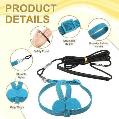 Bird Harness Leash, Adjustable Pet Parrot Bird Harness and Leash Lightweight Anti-Bite Flight Training Rope with Cute Wing, (Blue, L), Intended for Parrots/Pigeons/Budgies