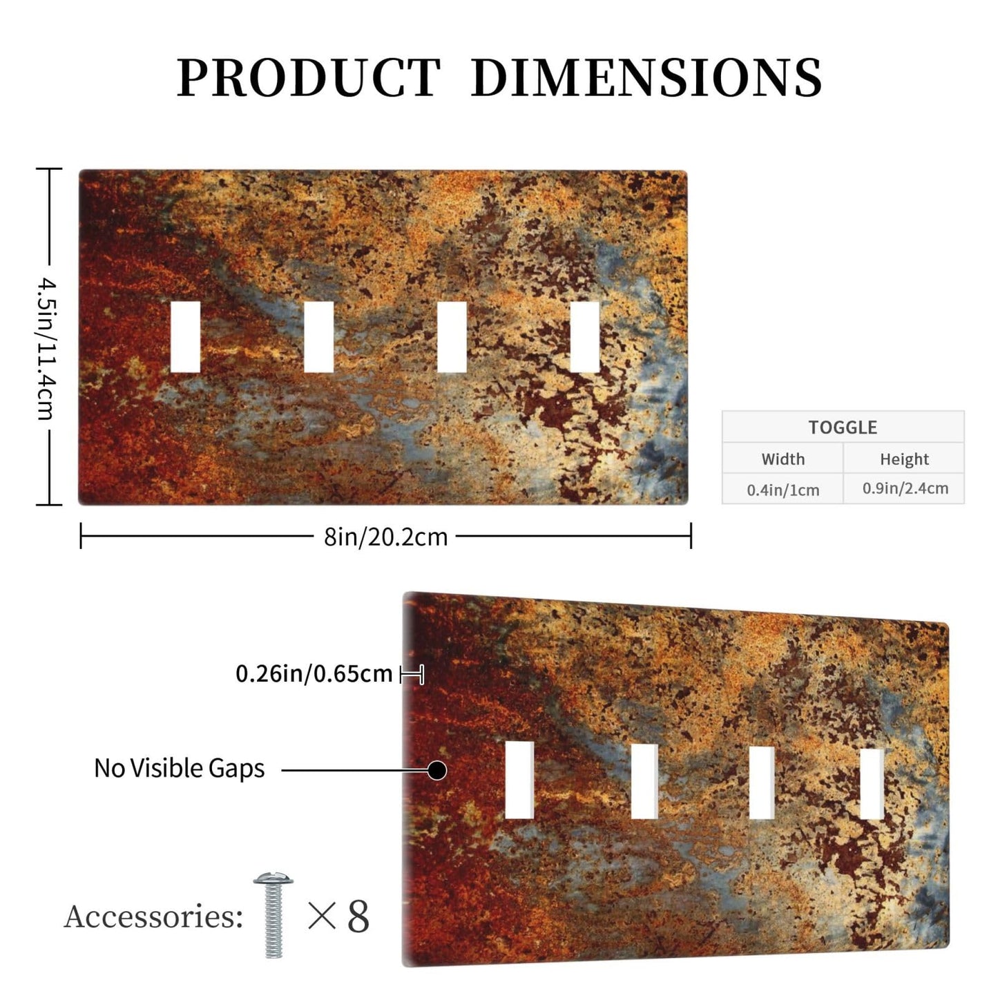 Aged Old Burnt Orange/Brown Copper Rust Metal Decorative 4-Gang Quad Toggle Light Switch Wall Plate Cover, Modern Graffiti Mossy Quadruple Toggle Device Switches Wall Plate Outlet Covers Standard Size