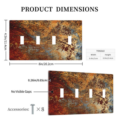 Aged Old Burnt Orange/Brown Copper Rust Metal Decorative 4-Gang Quad Toggle Light Switch Wall Plate Cover, Modern Graffiti Mossy Quadruple Toggle Device Switches Wall Plate Outlet Covers Standard Size