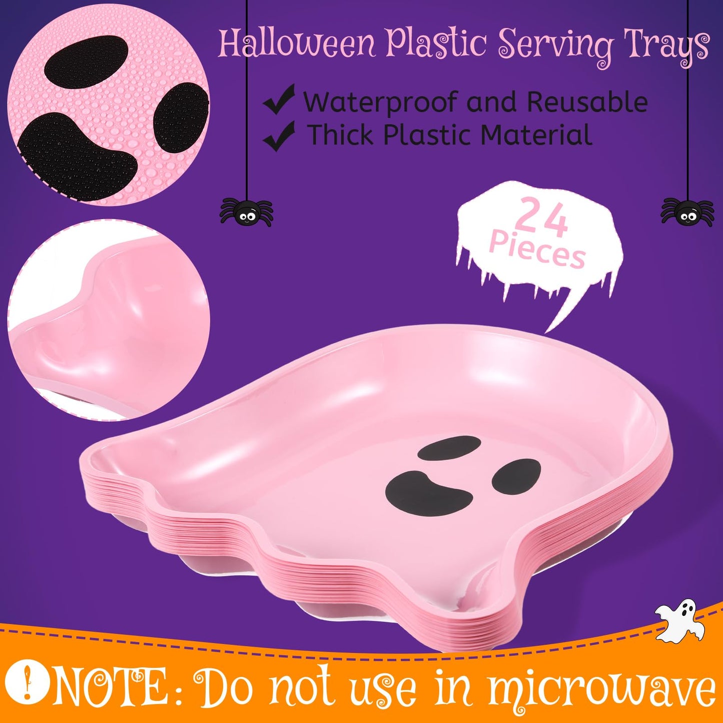 Sawysine 24 Pieces Halloween Party Serving Trays, Plastic Orange Pumpkin Black Cat White Ghost Plates Halloween Party Tableware Supplies for Holiday Decorations(Pink,Ghost)