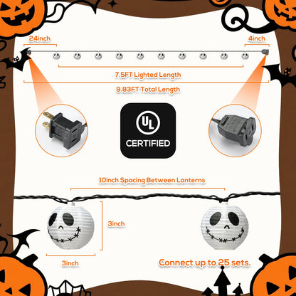 Brillarlights Halloween Decorations Ghost Lantern String Lights Plug in, 10 Pack Ghost Jack Skellington White Lantern Lights with Black Cord, Spooky Lights Outdoor for Halloween Spooky Mantel Decor