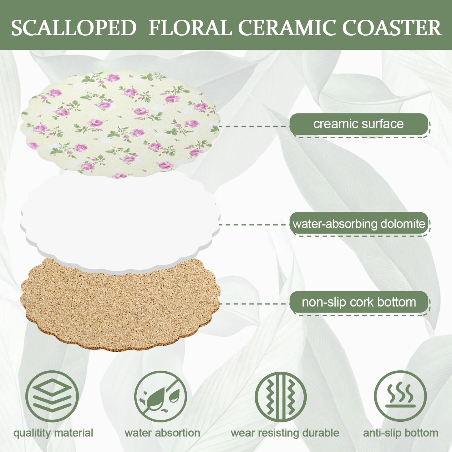 Stranthother 6 Pcs Scalloped Floral Ceramic Coasters with Holder,Round Cute Wildflower Coaster with Cork Base,Funny Decorative Absorbent Drinks Coasters,Coffee Table Decor Housewarming Gifts,4 Inch
