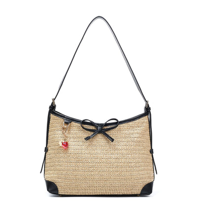 Herald Straw Woven Purse for Women, Summer Beach Hobo Raffia Crossbody Bag Shoulder Handbag Tote with Adjustable Strap (Black)