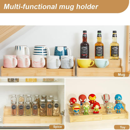 Hongtamoya 2-Tier Expandable Bamboo Coffee Mug Holder, Mug Organizer for Kitchen Cabinets, Mug Cup Rack, Multi-Functional Cup Holder Shelf, Coffee Bar Organizer, Home