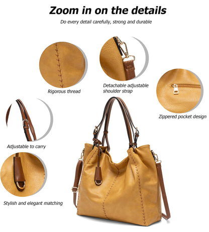myfriday Casual Faux Leather Tote Hobo Bag for Women, Soft Shoulder Bag Crossbody Satchel Purse and Handbag (Yellow)