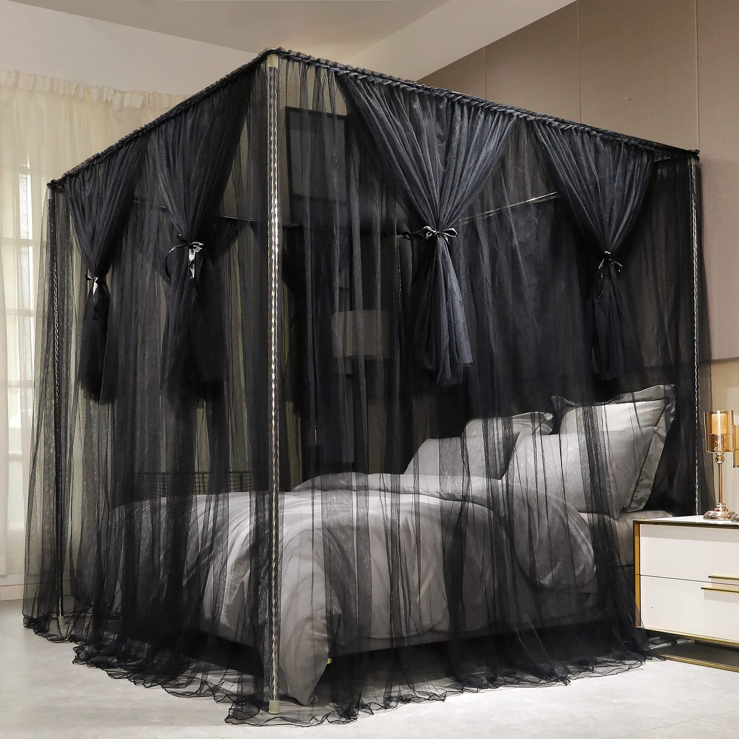Joyreap 4 Corners Post Canopy Bed Curtain Black- Twin Size Royal Luxurious Cozy Drapes Netting- Elegant Bedroom Decoration Accessories for Adults