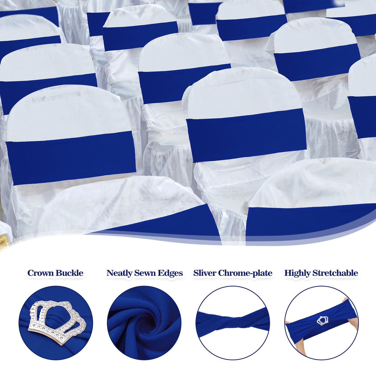 Cinnvoice 150 Pcs Spandex Chair Sashes Stretch Chair Covers with Crown Buckle Elastic Chair Bows Ties with Buckle Slider for Wedding Banquet Party Event Decoration(Royal Blue)