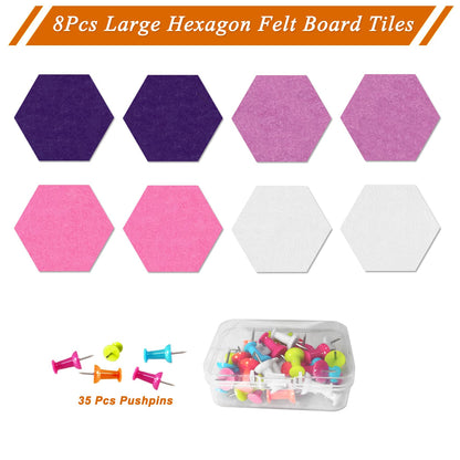 HULAVO Large Hexagon Felt Cork Board Tiles, Self Adhesive DIY Felt Bulletin Board Pin Board with 35 Pushpins for Office School Home Wall Decor(Purple+Light Purple+Pink)
