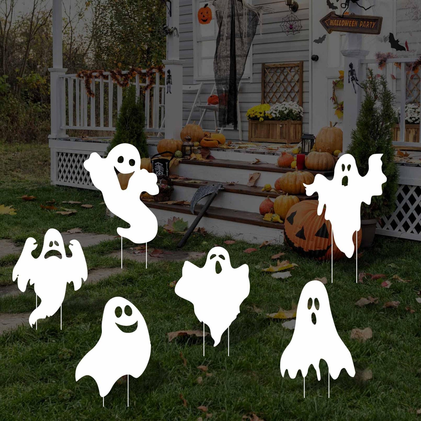 EIGHTSTATES 5pcs Halloween Ghost Yard Signs with Stakes - Black - Plastic & Wood - 12"x15" - Outdoor Garden Lawn Decor - Halloween Party Favor