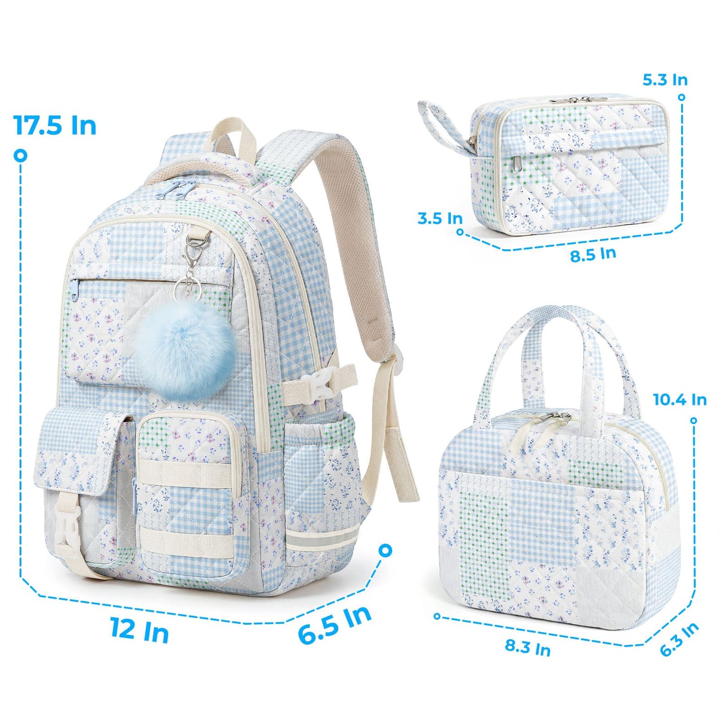 WOBAGMEN 3Pcs Quilted Backpack Set For Girls, Cute Floral School Backpack with Insulated Lunch Bag & Pencil Case, Aesthetic Bookbag Set For Teens College Students, Back To School（Green Blue Patchwork）