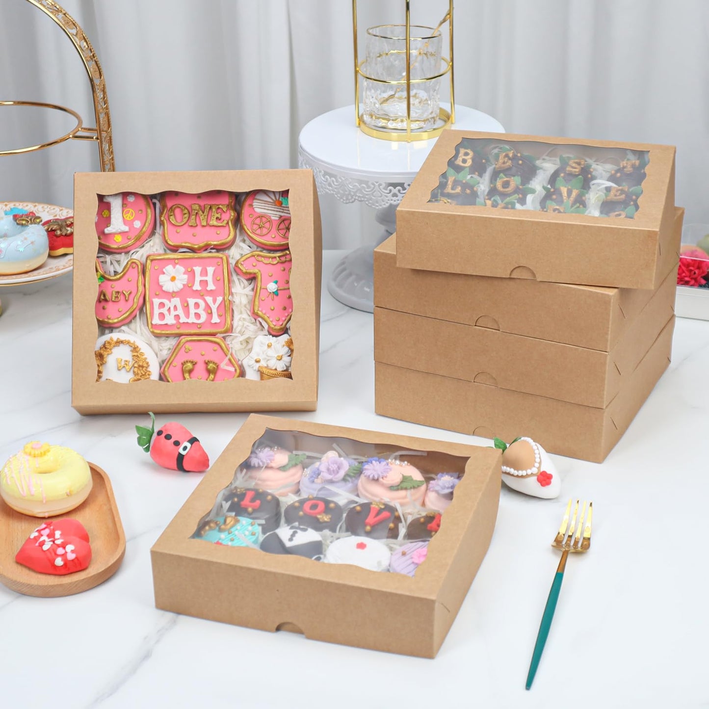 TEMLQPACK 15pcs 8x8x2 Inch Brown Bakery Boxes with Window - Christmas Cookies/Cakesicle Storage