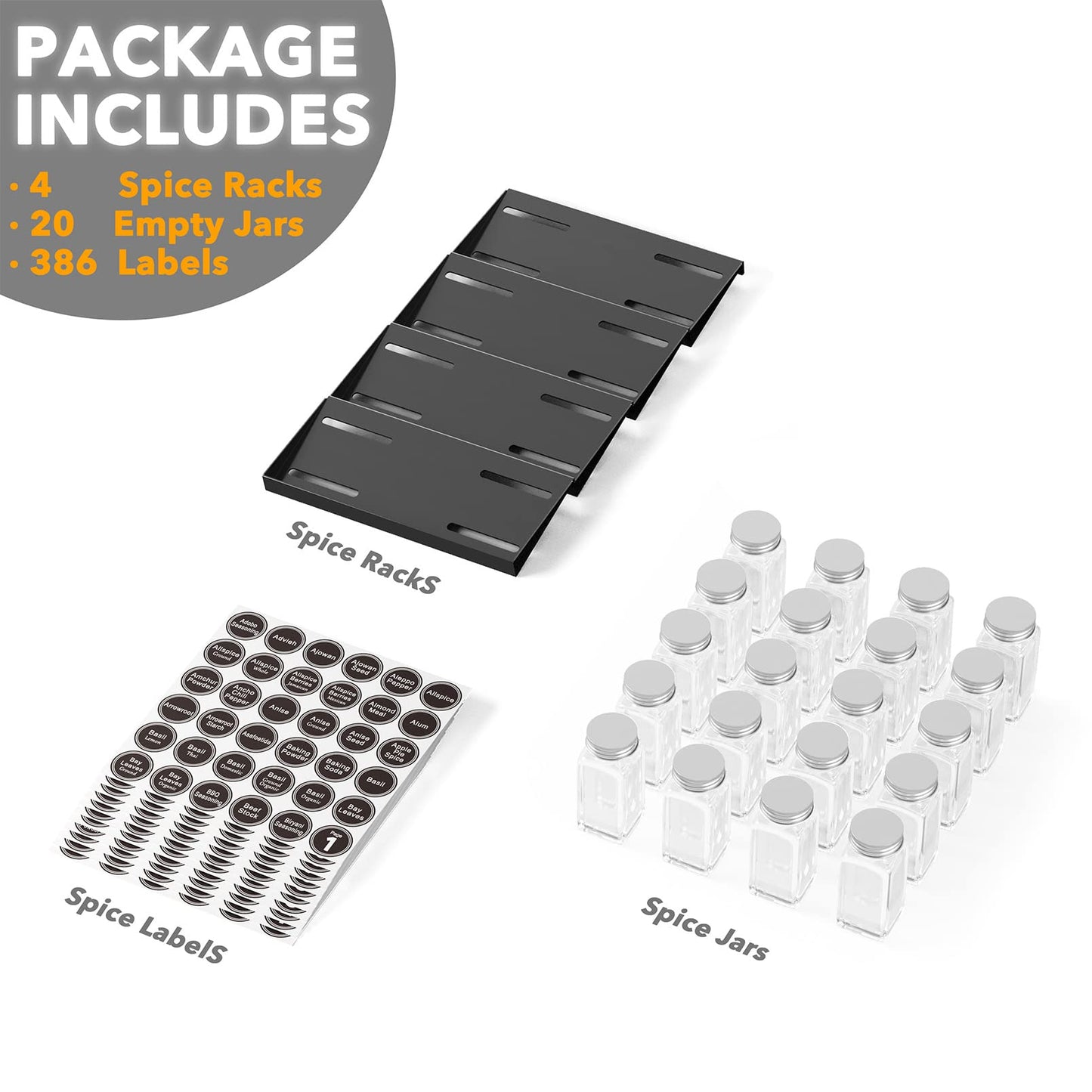SpaceAid Spice Drawer Organizer with 28 Spice Jars, 386 Spice Labels, 4 Tier Seasoning Rack Tray Insert for Kitchen Drawers, 13" Wide x 17.5" Deep