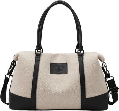 Travel Duffle Bag for Women, Canvas Carry On Weekender Overnight Bags with Wet Pocket, Gym Tote Bag for Business Trip Sports (Beige Black)