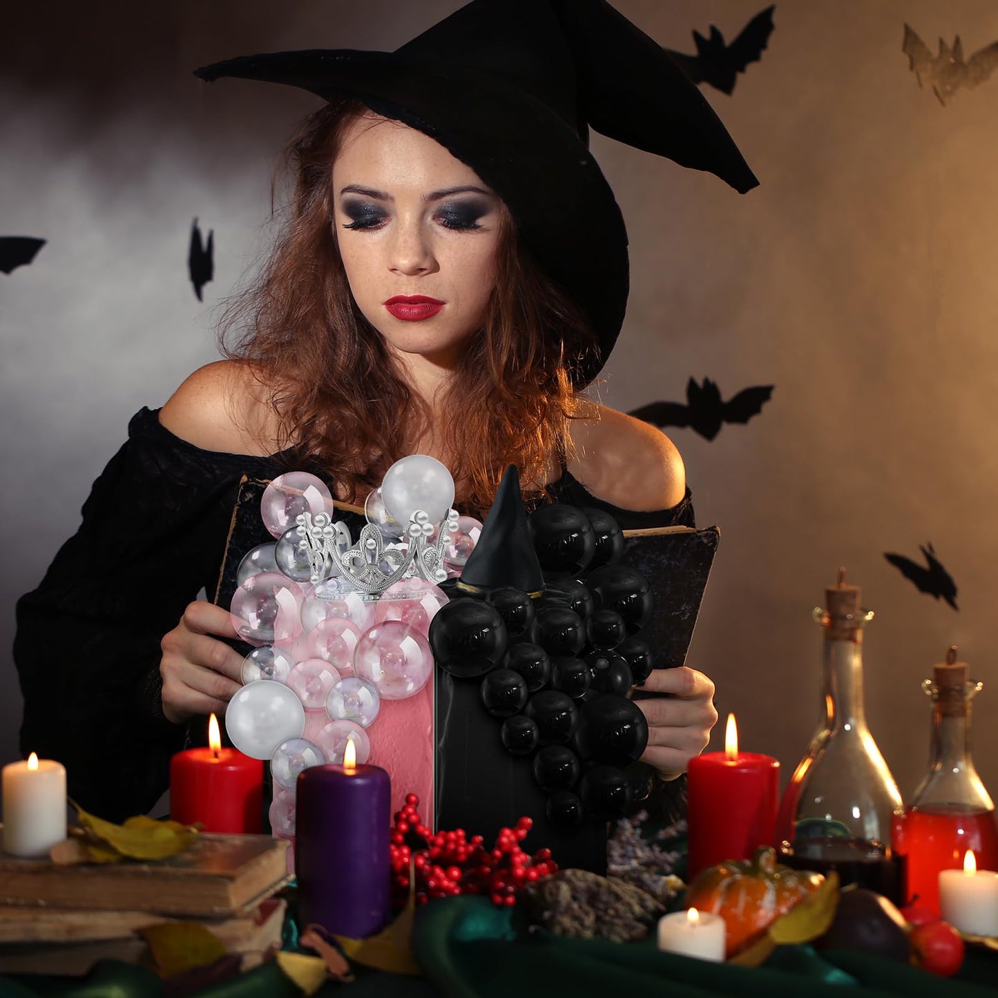 Geelin 42pcs Witch Theme Party Supplies Black Balloons Cake Topper Mini Balloons, Silver Plastic Crown and Black Women Witch Hat Fantasy Decoration Balls for Birthday Cake Decoration