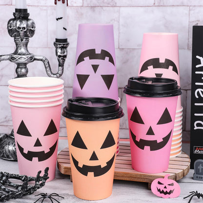 Whaline Halloween Disposable Coffee Cups Ghost Pumpkin Paper Cups with Lids 16 Oz for Holiday Birthday Party Home Office Travel Supplies Hot Cold Drinks, 48 Pcs