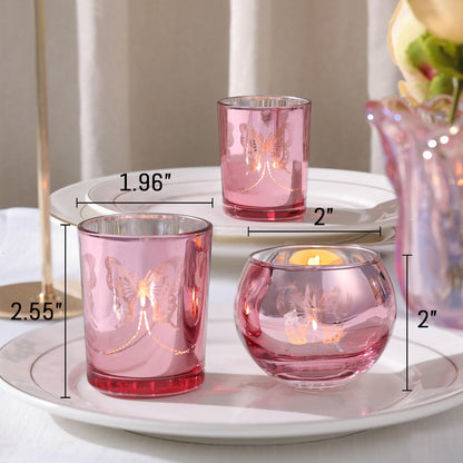 Lanttu Pink 12 Pcs Combination Tea Lights Candle Holder Decorative with Butterfly Pattern, Votive Candle Holders for Wedding, Birthday, Anniversary, Parties, and Holiday Decorations