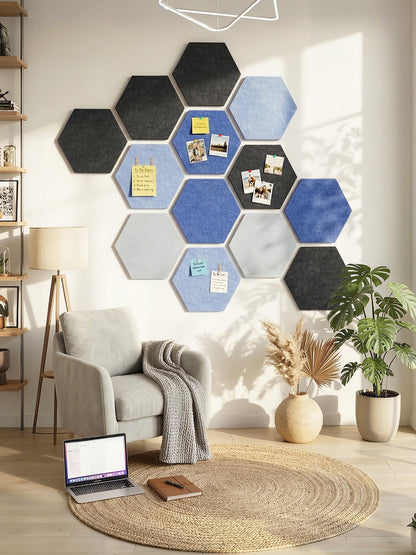 Uoisaiko 8 Pack Hexagon Felt Bulletin Board Tiles - 12" Large Thick Pin Board for Walls with 30 Push Pins, DIY Boards for Office Home School Decor, Aesthetic Hex Cork Board Alternative