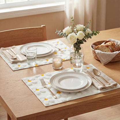Artoid Mode White Daisy Embroidery Spring Placemats Set of 4, 12x18 Inch Soft Plush Faux Fur Wool Holiday Table Mats for Party Kitchen Dining Decoration