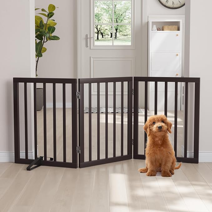 Semiocthome Bamboo Dog Gates Indoor 3-Panel Freestanding Puppy Gates for The House with 2 Metal Stands 24" H Folding Wood Pet Gate for Stairs Doorway Expands Up to 55" Fully Assembled Espresso