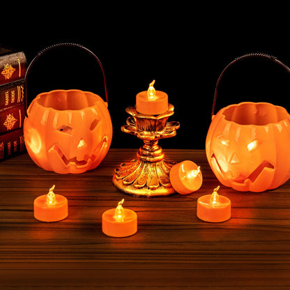 Windshell 24 Pack Orange Flickering Flame LED Tea Lights (No Remote and Timer), Battery Operated Flameless Tealight Candles for Halloween Thanksgiving Party