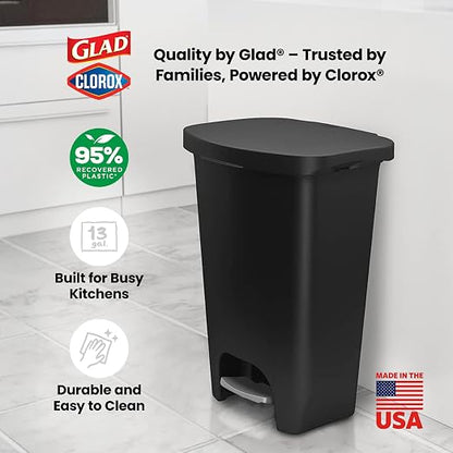 Glad Kitchen Trash Can with Lid, Foot Pedal and Garbage Bag Rings, 13 Gal, Black