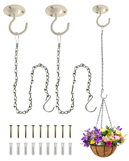 NACETURE Ceiling Hooks for Hanging Plants 3 Pack - Plant Hanger Indoor Hanging Hooks Metal Plant Bracket Iron Lanterns Hangers for Wind Chimes (White 3 Pack + Chain)