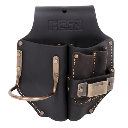 FESA Durable Leather Pliers Holster - Heavy Top Grain Leather Double Plier Holder for Belt with Steel Hammer Holder, Tape Clip & 2 Carpenter's Pencil Pockets - Clip On Any Belt - Handcrafted (Brown)