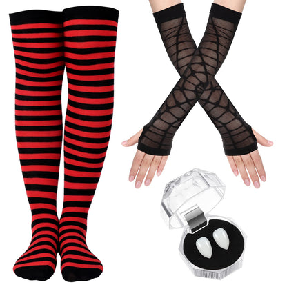 Tarpop 3 Pairs Halloween Costume Red Black Striped Thigh High Socks, Fingerless Spider Web Gloves, White Witch Teeth Fangs (27.6 Inch)
