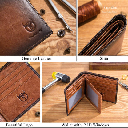 BULLCAPTAIN RFID Wallets for Men Slim Bifold Genuine Leather Front Pocket Wallet with 2 ID Windows QB-05 (Brown)