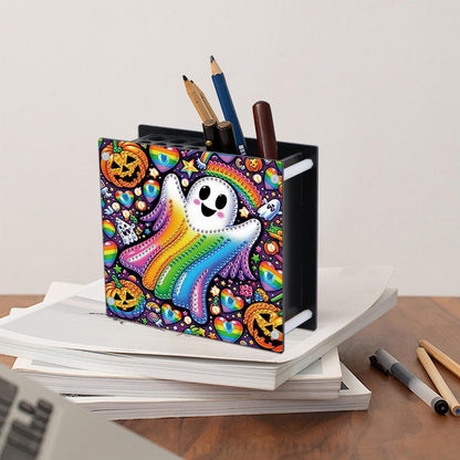 MVVMTOP Diamond Painting Pen Holder Kit Halloween Rainbow ghost and pumpkin Theme Acrylic Desk Organizer DIY Diamond Art Special Shape Pencil Holder for Office Home Decoration Holiday Gift