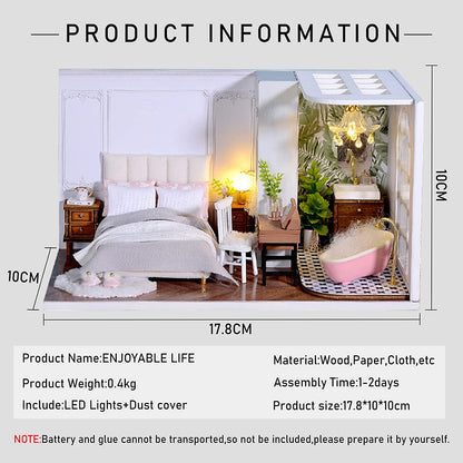 CUTEROOM DIY Doll Room Miniature Furniture Wooden House Kit - Wooden Dolls House Kit with Dust Cover & LED Light and Accessories - QT Series Dollhouse (QT011)