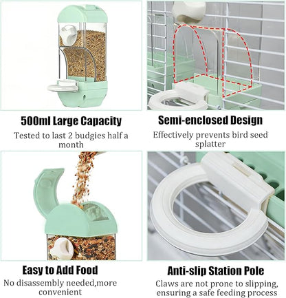 Automatic Bird Feeder Waterer Kit Bird Cage Hanging Waterer Parakeet Leak-Proof Feeder Parrot Vegetable Clips Cage Accessories for Budgies Lovebirds Finches Canaries Parrotlets Conures (Green)
